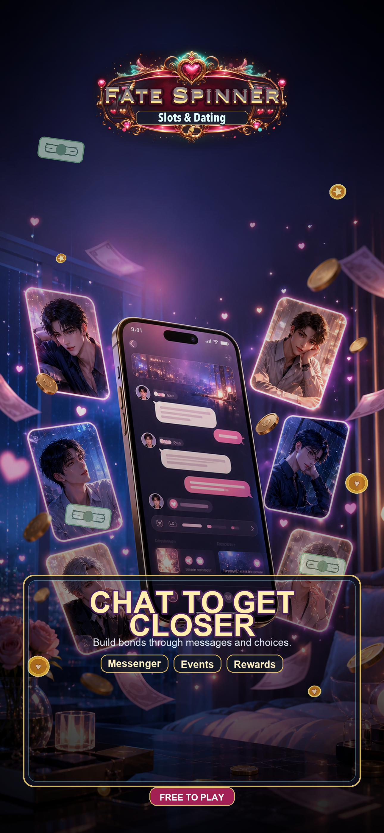 Fate Spinner promotional artwork with chat, jackpot, coins, and romance routes